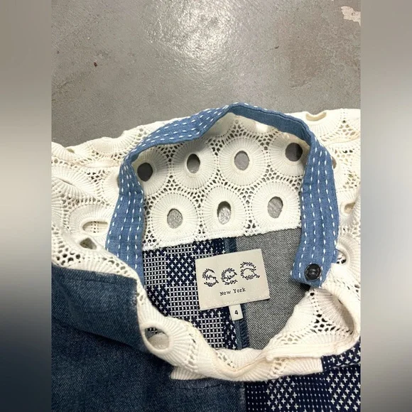 Sea New York Patchwork Cotton Denim And Lace Oversized Mock Neck Mini Dress sz 4 - Picture 9 of 11